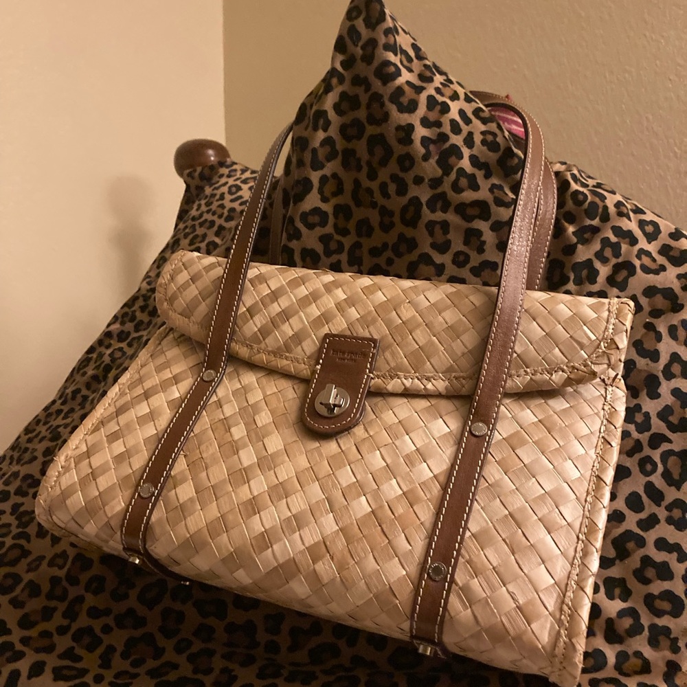 kate spade straw vintage bag, leather handles & hot pink inside.